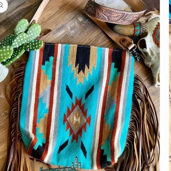Western Saddle Blanket Handbag with Leather Fringe and Leather Crossbody Strap